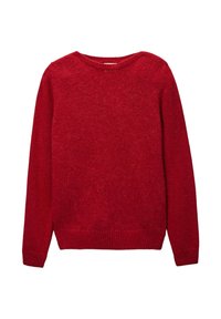 Pull en maille rouge avec des manches longues, un col rond et un ourlet côtelé. Texture douce, épaisseur moyenne et couleur unie. Aucun motif ni accent.
