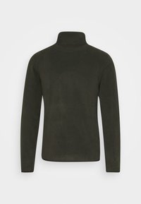 Dark green fleece pullover, featuring a high collar and long sleeves. Smooth texture with a solid color, no visible patterns or hardware.