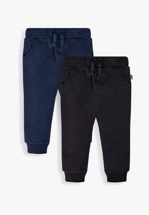 Twee paar kinder sweatpants: één in marineblauw en één in zwart. Kenmerken zijn een elastische tailleband met een trekkoord en zijzakken.