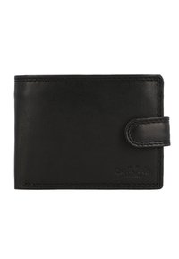 Black leather wallet with a stitched flap closure and subtle embossed logo on the bottom right corner.