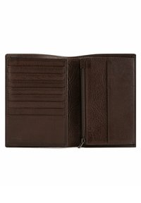 Brown leather wallet with multiple card slots, a zipped compartment, and a textured finish. Compact design with soft leather texture.