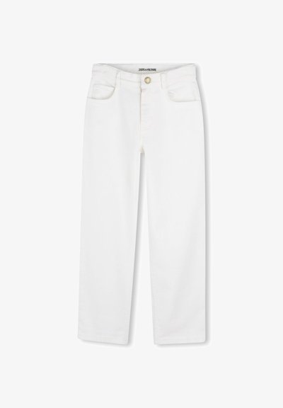 Witte spijkerbroek met een rechte pijp, voorzien van voorzakken, een klassieke knoopsluiting en subtiele stikdetails.