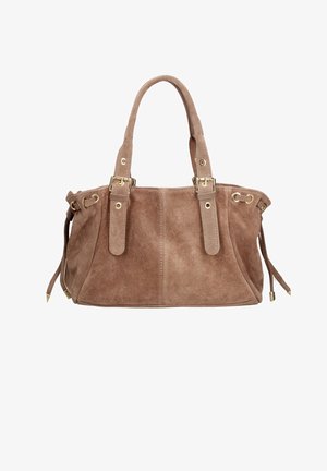 Brown suede handbag with dual handles, gold-tone hardware, adjustable sides, and a textured surface. Features two side tassels.