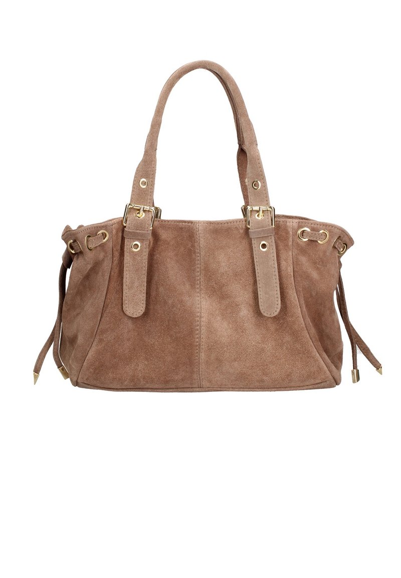 Bruine suède handtas met dubbele handgrepen, goudkleurige hardware, verstelbare zijkanten en een oppervlak met textuur. Bevat twee zijtassels.