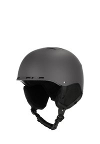 Mat sort skihjelm med rund form, blød indvendig polstring, justerbar hagesnor og luftventilationsåbninger for åndbarhed.