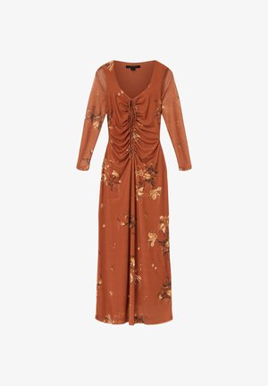 Brun blomstrede langærmet kjole med rynket front, der har en dyb V-udskæring og delikate blomster mønstre i nuancer af creme og orange.