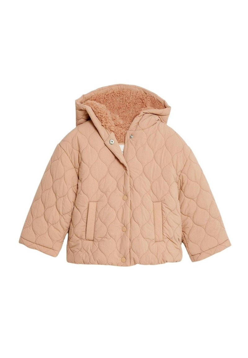 Pikowana kurtka z krótkim rękawem w miękkim beżowym kolorze z puszystym, jasnobrązowym wyściółkiem. Posiada kaptur, zatrzaski oraz dwie przednie kieszenie.
