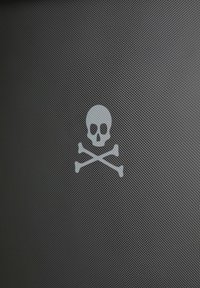Material negro texturizado con un destacado gráfico de una calavera y huesos cruzados en gris. El diseño es audaz y resalta sobre el fondo.