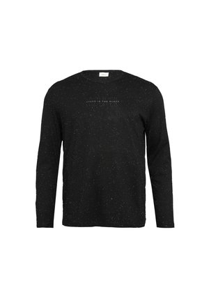 Schwarzes Langarm-T-Shirt mit weißem gesprenkeltem Muster, runder Halsauschnitt und erhabenem Text "SPACE IS THE PLACE SOCIETY." Weicher Stoff.