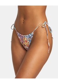 Floral bikini bottom with adjustable tie sides, featuring a multicolored pattern on a soft fabric. Gathering detail at the top.