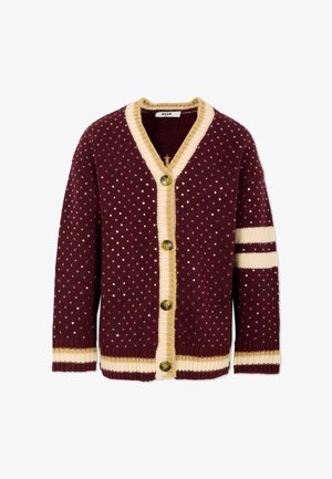Bordeaux cardigan met crèmekleurige accenten, met een stippenpatroon, geribbelde textuur, V-hals en drie grote knopen aan de voorkant.