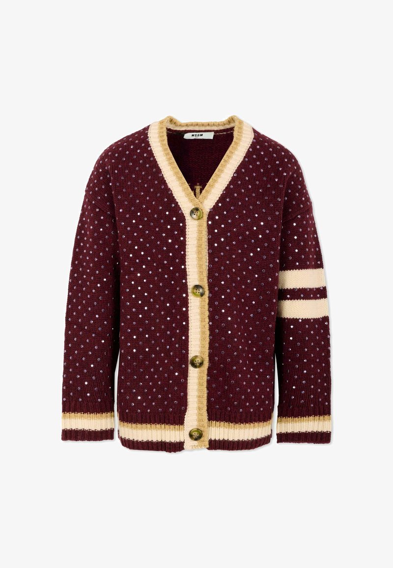 Bordowy kardigan z kremowymi akcentami, z wzorem w kropki, prążkowaną fakturą, dekoltem w kształcie litery V i trzema dużymi guzikami z przodu.