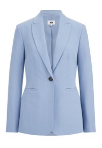Jasnoniebieska marynarka wykonana z gładkiej tkaniny, z klapą z wycięciem, zapinana na jeden guzik, z dwoma przednimi kieszeniami.