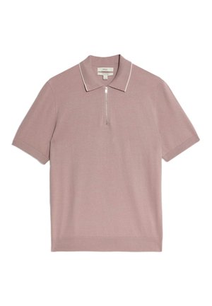 Kurzärmliges Polohemd in zartem Rosa, mit einem Reißverschluss am Hals, kontrastierenden weißen Kragenstichen und glatter Stricktextur.