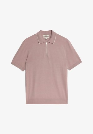 Koszulka polo z krótkim rękawem w jasnoróżowym kolorze, z zamkiem błyskawicznym przy szyi, kontrastującym białym przeszyciem kołnierza oraz gładką dzianiną.