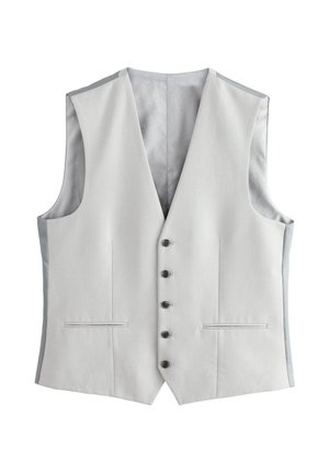 Gilet grigio chiaro realizzato in tessuto liscio, con scollo a V, cinque bottoni neri e due tasche laterali. Foderato con un materiale grigio a fantasia.