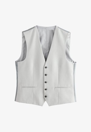 Gilet grigio chiaro realizzato in tessuto liscio, con scollo a V, cinque bottoni neri e due tasche laterali. Foderato con un materiale grigio a fantasia.