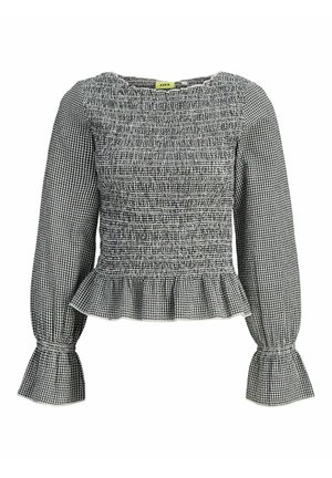 Bluză cu mânecă lungă, model gingham alb-negru, cu corp smocat, tiv și manșete cu volane și decolteu rotund.