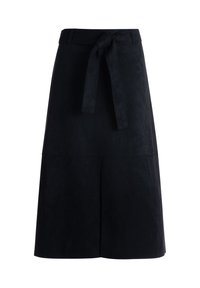 Black knee-length suede skirt with front seam detail and matching belt tied in a knot at the waist.
