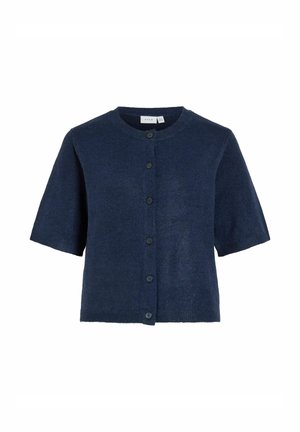 Cardigan en tricot bleu marine à manches courtes avec encolure ronde et six boutons noirs à l'avant.