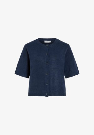 Cardigan en tricot bleu marine à manches courtes avec encolure ronde et six boutons noirs à l'avant.