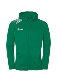 Green athletic jacket with a hood, zip closure, and textured shoulder pattern. Features the brand name "Kempa" prominently on the front.