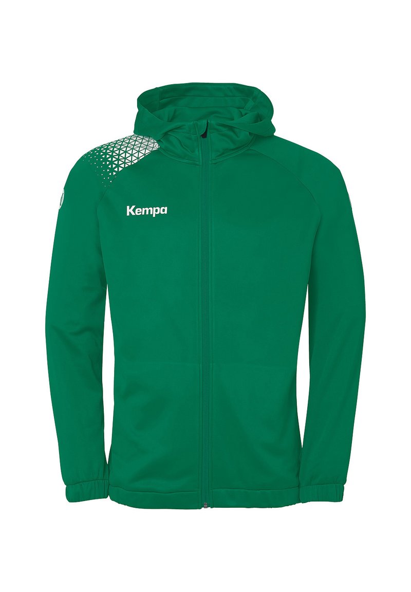 Green athletic jacket with a hood, zip closure, and textured shoulder pattern. Features the brand name "Kempa" prominently on the front.