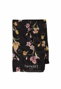 Sciarpa di seta nera con un design floreale in tonalità di rosa, giallo e verde, con il nome del marchio "TWINESET MILANO" in lettere bianche.