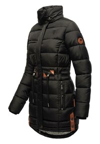 Black puffer jacket with high collar, zippered pockets, adjustable drawstring, and brown leather accents on the front and sleeves.