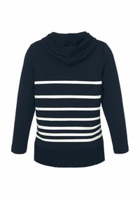 Marineblauwe capuchontrui met horizontale witte strepen op de rug, geribbelde onderrand en een zachte stoftextuur.