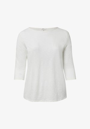 Top bianco con maniche a tre quarti realizzato in tessuto leggero, con scollatura a barca e una vestibilità comoda caratterizzata da un leggero motivo testurizzato.