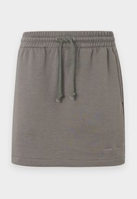 Γκρι αθλητική φούστα με ελαστική μέση, ρυθμιζόμενο κορδόνι και λογότυπο. Ομαλή υφή και μήκος μέχρι το γόνατο.