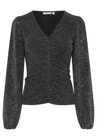 Top nero a maniche lunghe con scollatura a V profonda, caratterizzato da un motivo testurizzato di spirali e linee, realizzato in un tessuto scintillante.