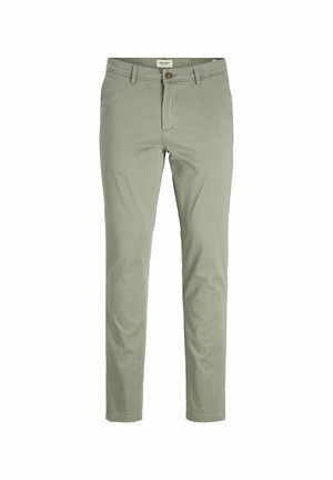 Light olive green trousers made of smooth fabric, featuring a zip fly and button closure, with a slim fit and straight legs.