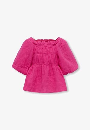 Różowa bawełniana bluzka z bufiastymi rękawami, teksturowana tkanina z marszczeniem, zebrany dekolt i sylwetka w kształcie litery A.