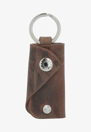 Brown leather keychain holder with a silver metal keyring. Features a snap button and embossed branding detail on the front.