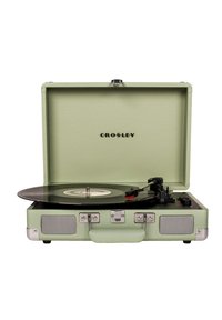 Tocadiscos portátil en carcasa verde claro, con un disco de vinilo negro, herrajes plateados y una parrilla de altavoz integrada en los laterales.