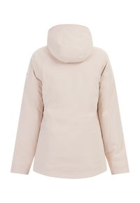 Jachetă impermeabilă roz deschis, cu glugă, având o textură netedă, mâneci lungi și un design cu tiv drept. Vedere din spate.