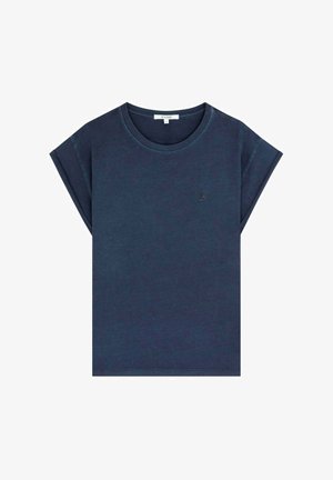 Navy blue short-sleeve t-shirt made of cotton. Features a round neckline and a small, embroidered logo on the front left side.