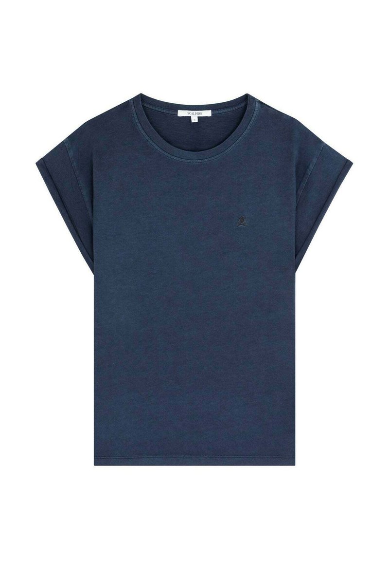 T-shirt a maniche corte blu navy realizzato in cotone. Presenta un colletto rotondo e un piccolo logo ricamato sul lato sinistro anteriore.