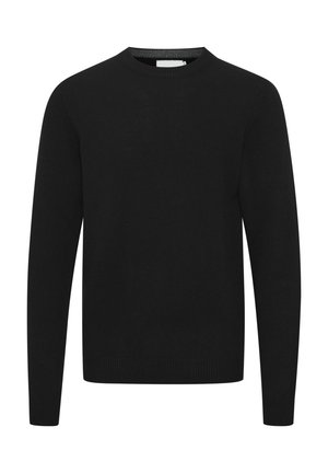 Black sweater with a round neckline, made from a soft knit fabric. Features long sleeves and ribbed cuffs and hem. Simple, solid design.