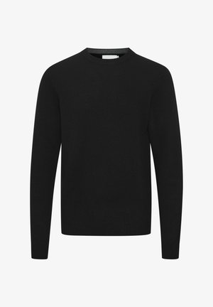 Maglione nero con scollo rotondo, realizzato in morbido tessuto a maglia. Presenta maniche lunghe e polsini e orlo a costine. Design semplice e uniforme.