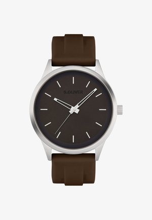 Runde Uhr mit einem silbernen Metallgehäuse, braunem Silikonarmband und einem dunkelbraunen Zifferblatt mit silbernen Stundenmarkierungen und Zeigern. Markenname wird angezeigt.