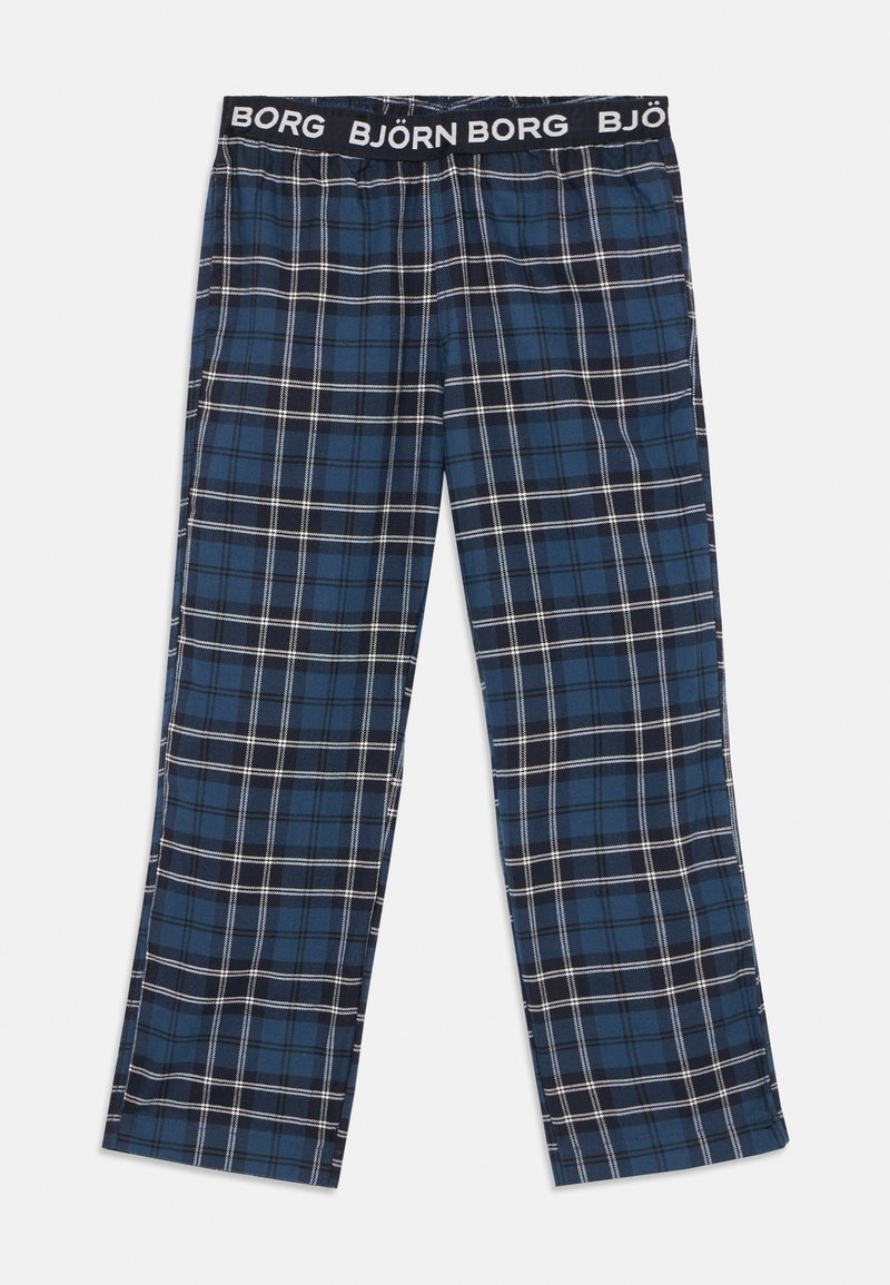 Pantalons de pyjama à carreaux bleus et noirs avec une taille élastique noire comportant le texte blanc "BJÖRN BORG" répété.