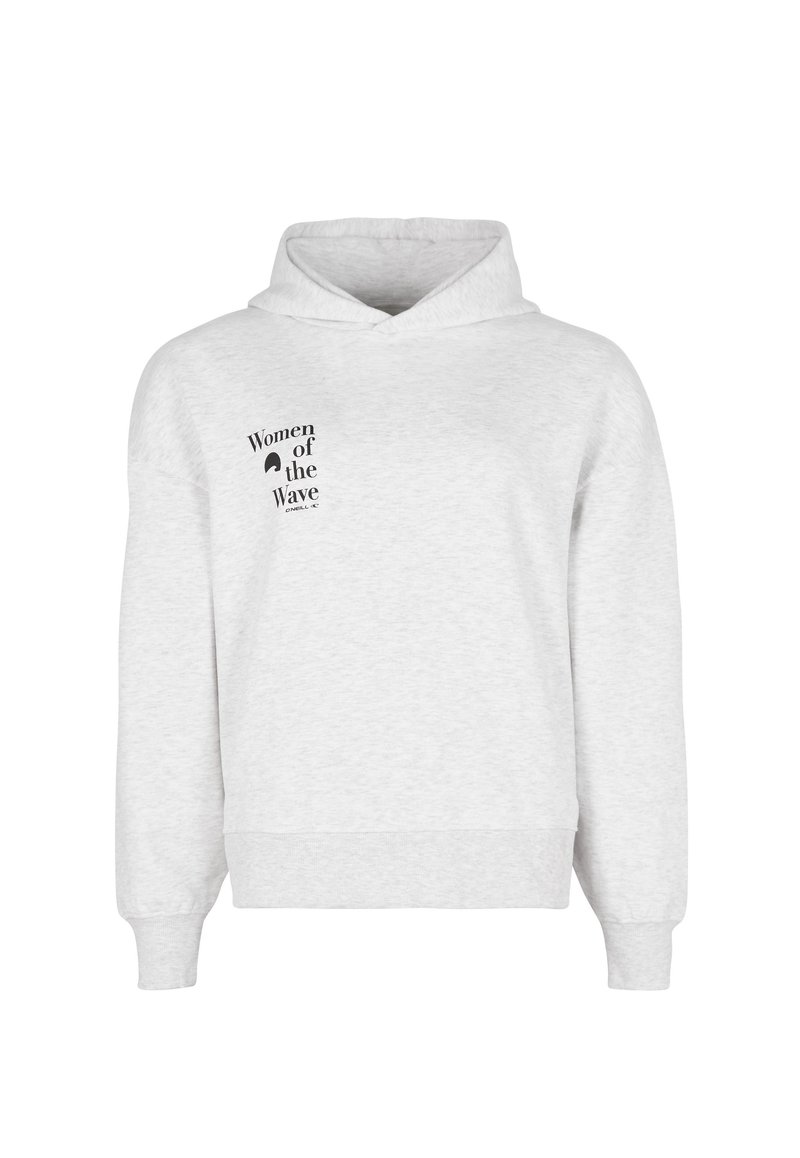Lysegrå sweatshirt med hætte, med en sort tekstgrafik foran "Women of the Wave". Ribstrikkede manchetter og kant. Blødt materiales tekstur.