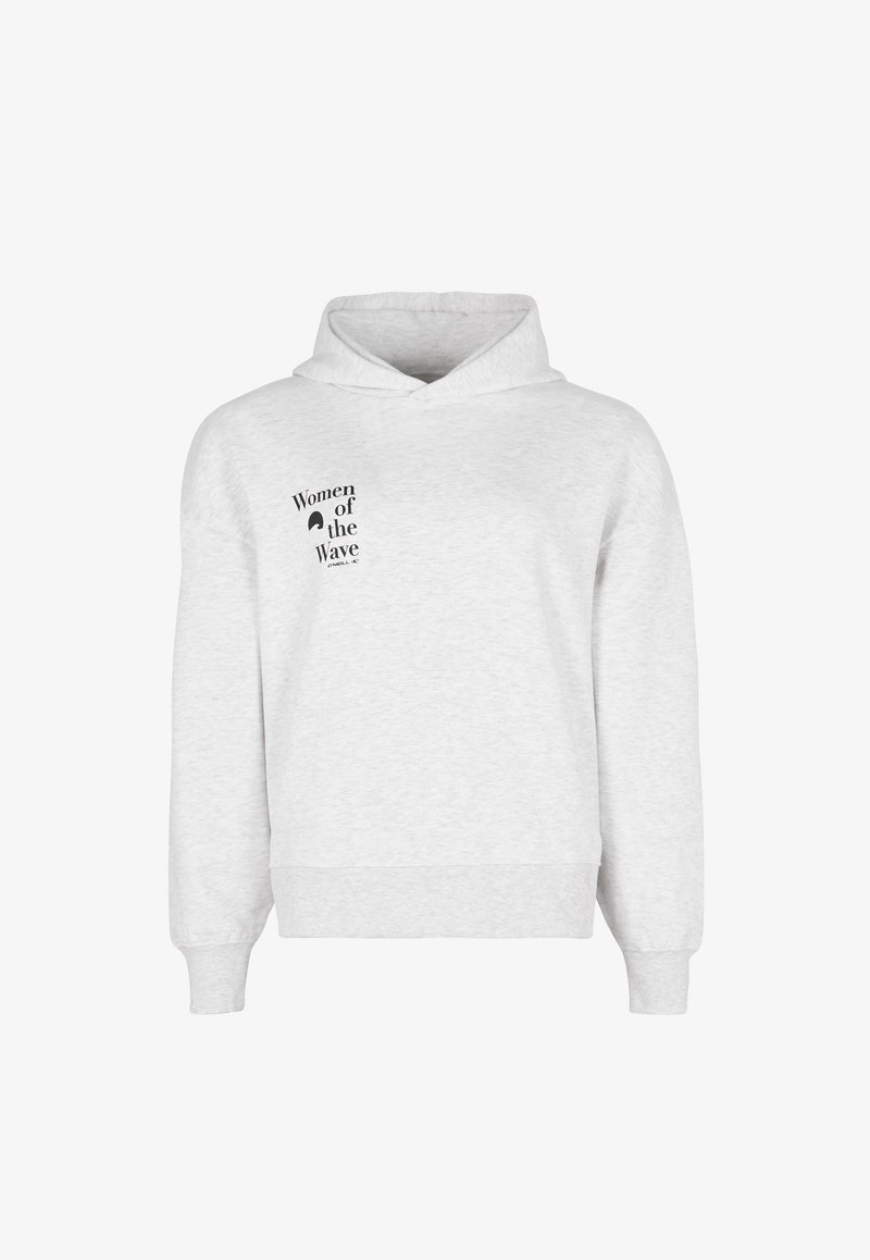 Lysegrå sweatshirt med hætte, med en sort tekstgrafik foran "Women of the Wave". Ribstrikkede manchetter og kant. Blødt materiales tekstur.