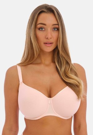 Light pink underwire bra made from soft fabric, featuring smooth cups, adjustable straps, and scalloped edge detailing along the band.
