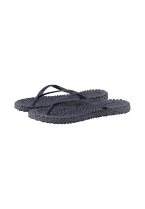 Pair of dark blue textured flip-flops with thin straps and a woven sole, shown on a white background.