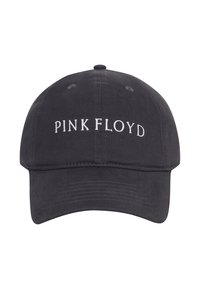 Black cotton cap featuring white embroidered text "PINK FLOYD" on the front. Curved brim and breathable eyelets for ventilation.