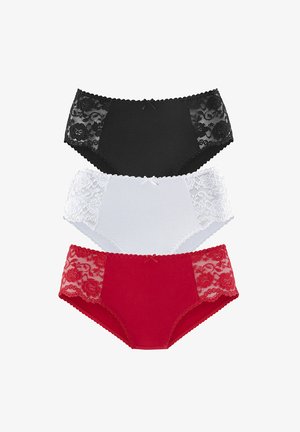Drie paren damesondergoed in zwart, wit en rood. Zachte stof met kantdetails aan de zijkanten en een kleine strikaccent aan de voorkant.